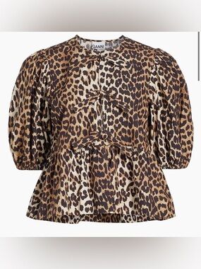 Ganni Leopard Cotton Poplin Peplum Tie Blouse